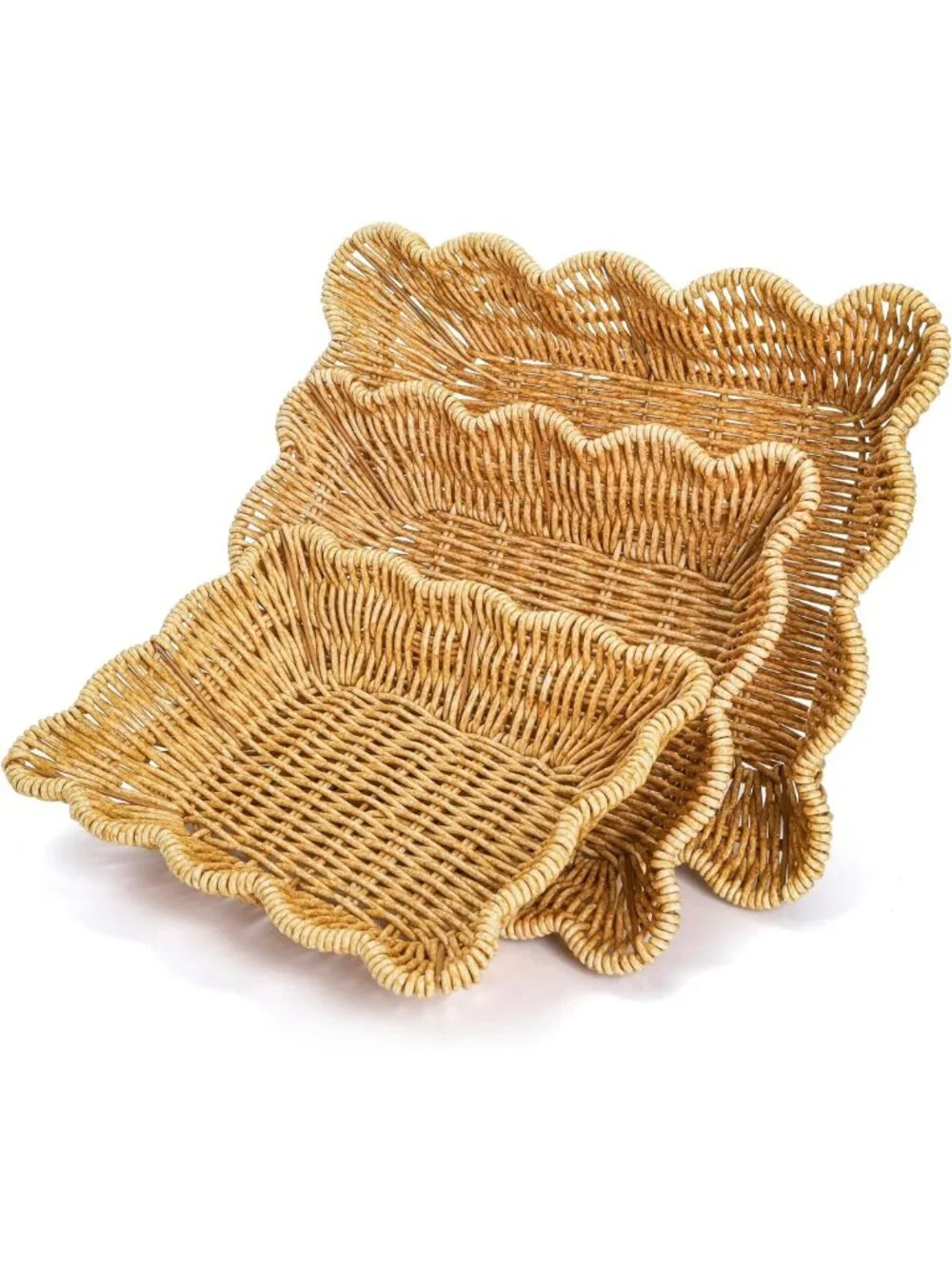3 Pack Rectangular Woven Serving Baskets - Poly Wicker Fruit & Snack Trays